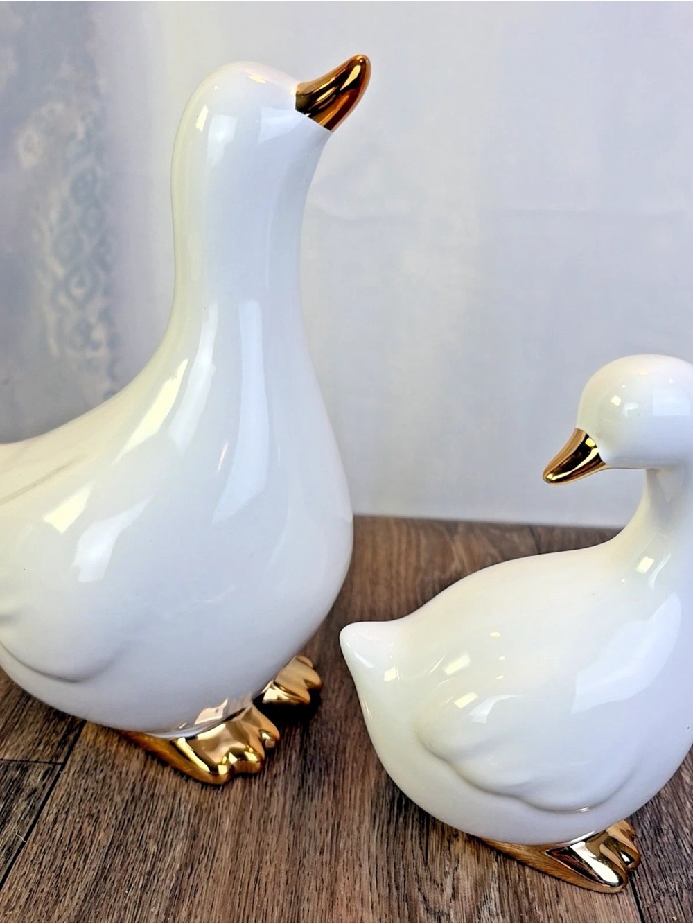 Set of 2 ​Bullseye Playground Ceramic Goose Figurine White Gold Accent Farmhouse